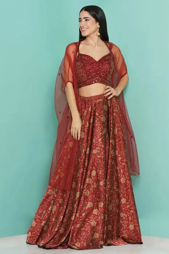 Maroon Print Skirt with heavy Beaded Blouse