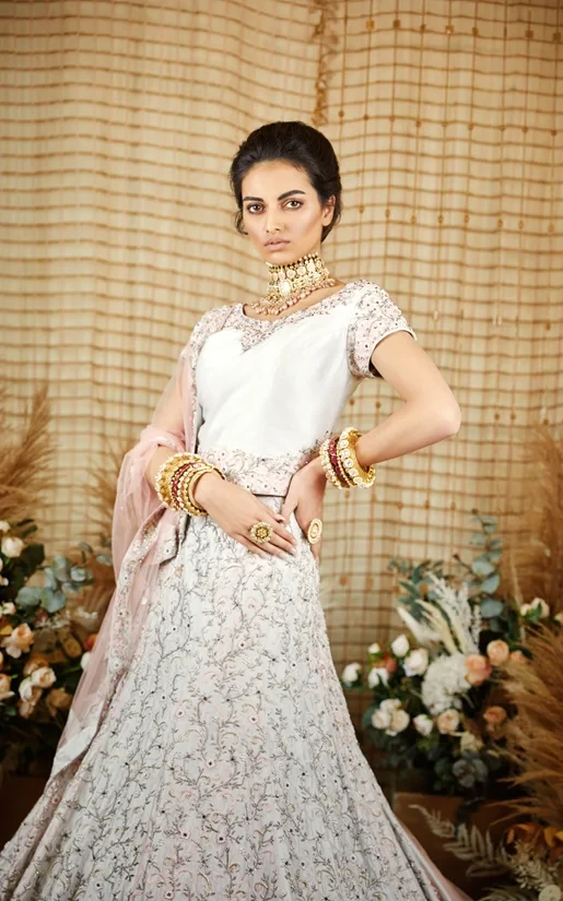 Kashish Silver Grey & Pink Trail Lehenga