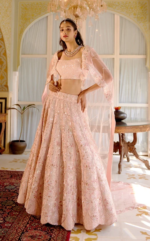 Pink Zari Embroidery Lehenga