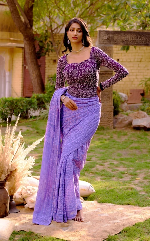 Purple Chikankari jaal embroidered Saree