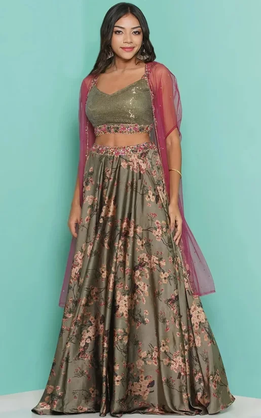 Olive Green Print skirt with Sequin Blouse