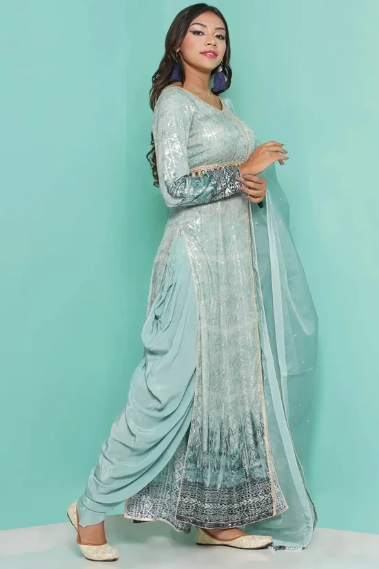 Aqua Dress worn with dhoti-cowl trousers