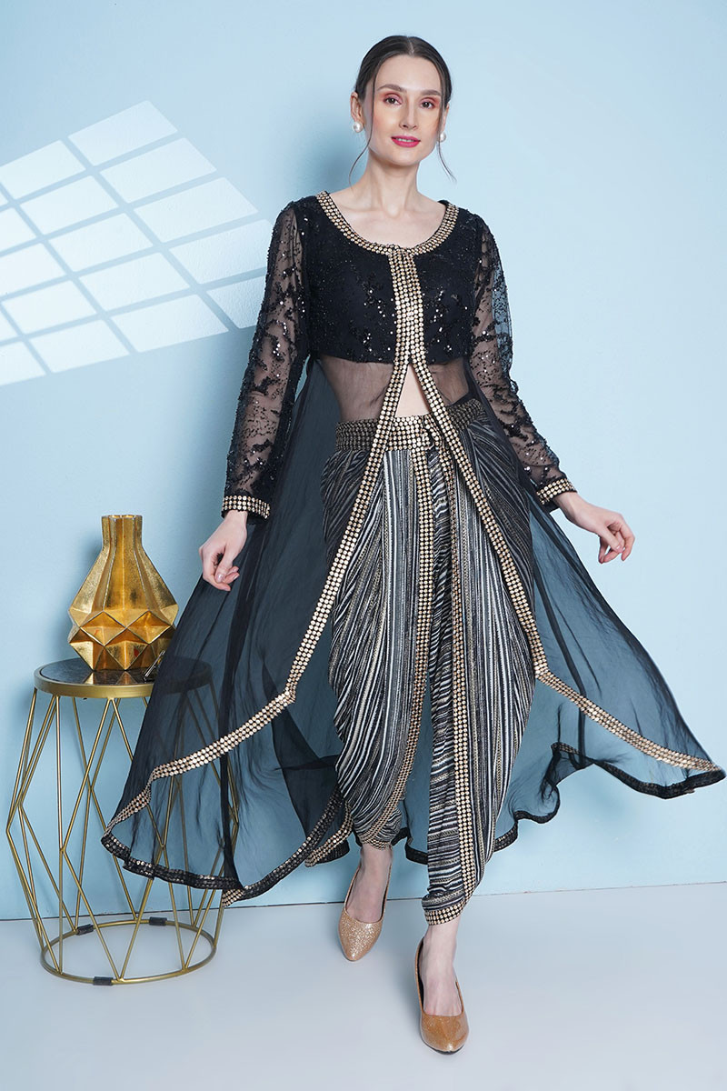 long sequinned tulle jacket worn with silk georgette wrap dhoti pants