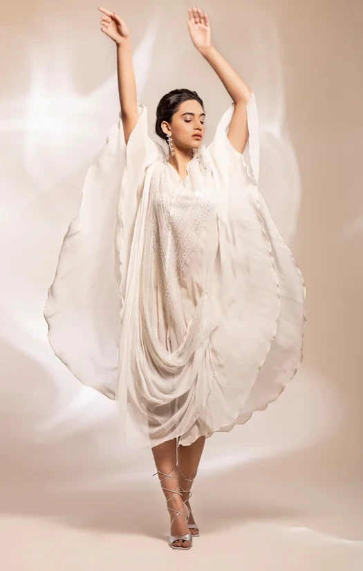 Drape fur trimmed Embellished Kaftan gown